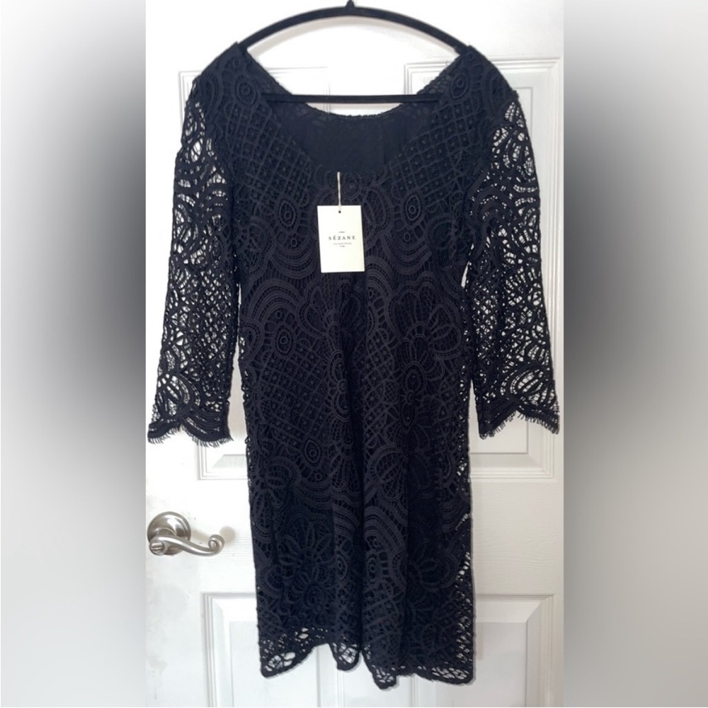 Sezane Black Crochet Lace Long Sleeve Dress